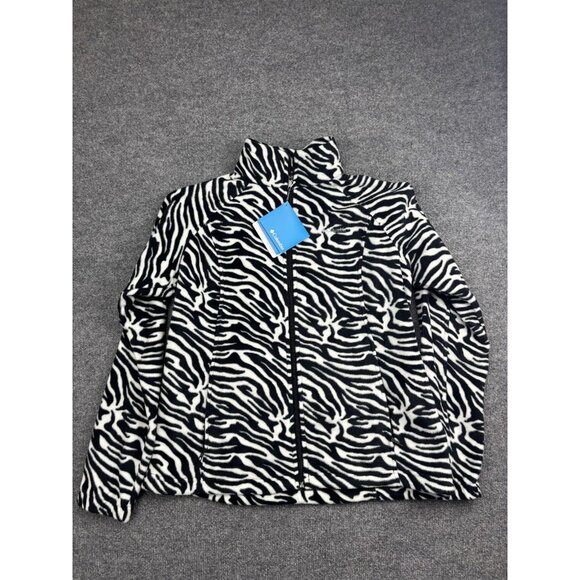 Columbia Fleece Jacket Womens XL Black White Zebra Print Full Zip Pockets Warm - Picture 1 of 8